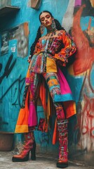 Fototapeta premium Vibrant Street Fashion Photoshoot with Colorful Urban Graffiti Background