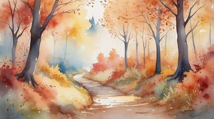 Watercolor autumn forest path with colorful leaves and trees on a soft background