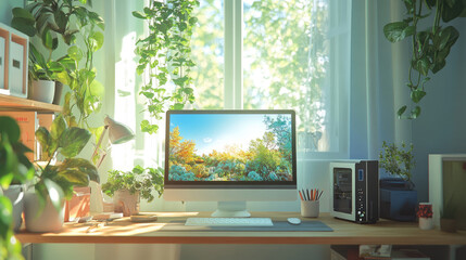 Bright Home Office with Nature-Inspired Decor and Green Plants Surrounding Computer Desk