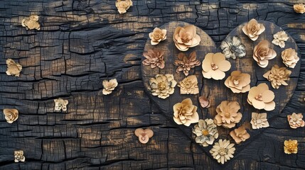 A heart-shaped wooden design serves as a base for a delicate arrangement of beige flowers, contrasting beautifully against the blackened wood. This image blends rustic textures with soft floral