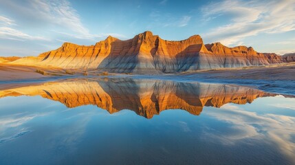 A perfect reflection of the rocky mountains in a still pool of water at sunset.