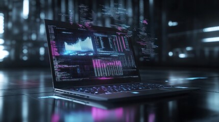 3D rendering of an advanced laptop with holographic data visualizations and graphs floating above the screen, symbolizing technology's role in business analytics