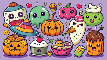 Fototapeta premium A festive collection of cute cartoon characters featuring pumpkins, ghosts, and treats set against a cheerful green background during the autumn season