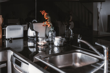 A modern kitchen countertop with a sink, toaster, and coffee machine. Glass jars, dried flowers in a vase, and minimalistic decor items reflect in the polished surface