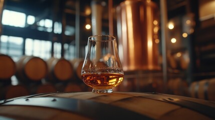 Rich amber bourbon rests on an aged oak barrel, surrounded by barrels and a copper alembic, embodying the warmth and authenticity of whiskey-making