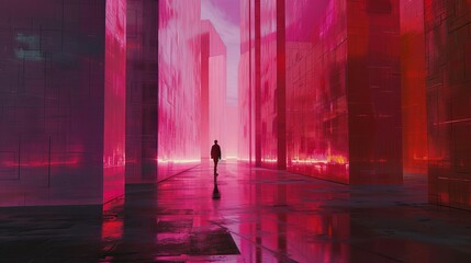 Silhouette of one man from back against cityscape background going somewhere. Illustration for a cover, postcard, interior design, etc.