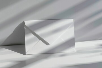 White envelope on a light surface with soft shadows, creating a minimalist and clean composition. Stationery layout with neutral tones. Mockup.  Generative AI