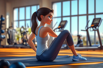 3d cartoon woman doing exercise