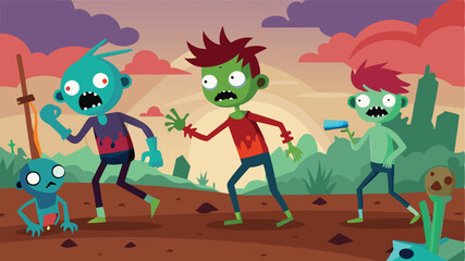 Fototapeta premium A group of animated monsters engages in a comical battle on a spooky landscape with green hues, eerie trees, and a full moon in the background during twilight hours