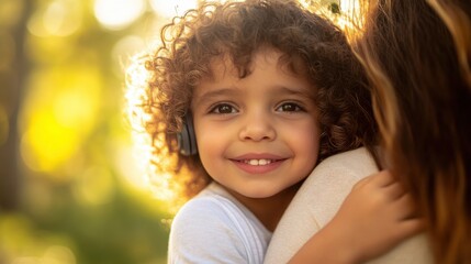 Fototapeta premium young child with a cochlear implant hugging a parent in a sunlit garden