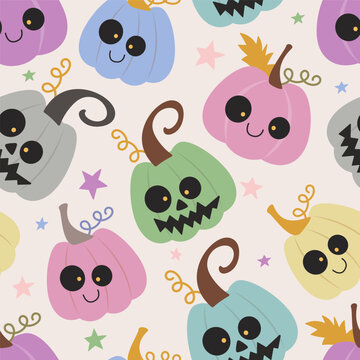 Fototapeta Seamless pattern with colorful halloween pumpkins. Design for Autumn festivities. Great for invitations, banner, textile - vector design, cartoon style illustration