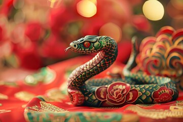 Obraz premium Intricate decorative snake figurine with floral patterns on red and gold background. Festive Chinese New Year design with traditional motifs. Generative AI