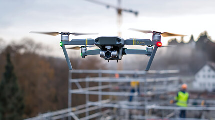 construction top tier technology, a drone flying through scaffolding on a construction site, with workers visible in the background and a chilly mist hanging in the air
