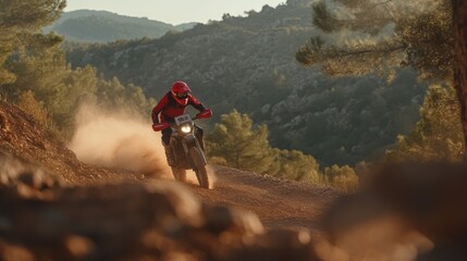 Obraz premium An off-road biker in a vibrant red helmet leans into a turn on a rugged trail, sending dust flying behind as they navigate rocky terrain surrounded by cliffs and sparse pine trees
