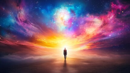 Fototapeta premium A silhouette stands against a vibrant cosmic backdrop of galaxies and colors