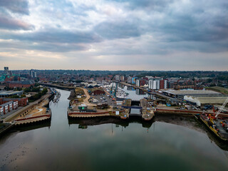 An aerial view looking towards the New Cut and Wet Dock in Ipswich, Suffolk, UK