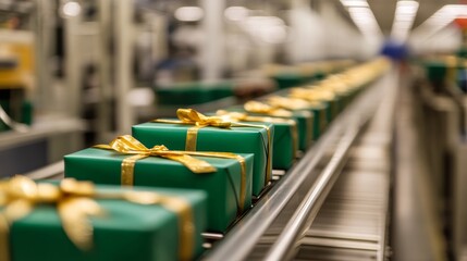 Obraz premium Green gift boxes tied with golden ribbons move steadily along a stainless steel conveyor belt in a bright, modern packaging facility, highlighting the efficiency of the process