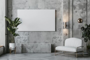 Modern interior scene with white armchair, blank canvas on textured concrete wall, potted plants, and contemporary wall light fixture. Mockup.  Generative AI