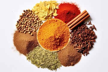 Assorted spices and seeds isolated on white top view