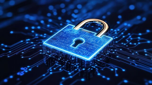 Convey the essence of cyber security technology with an image featuring a digital padlock representing data encryption and network protection, displayed against a deep blue backdrop, highlighting
