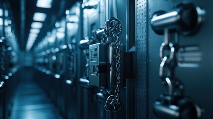 Data center with secure cloud locks, representing advanced digital protection and network security in a high-tech environment.