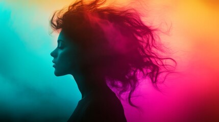 A woman is portrayed in a surreal manner, her flowing hair and intense expression blending with bold colors, conveying emotion and movement