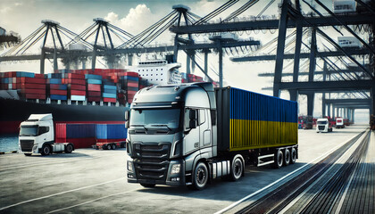 Fototapeta premium Modern freight truck with an Ukraine flag container at a busy port, surrounded by cargo ships and cranes. Ideal for showcasing global shipping, logistics, and transportation