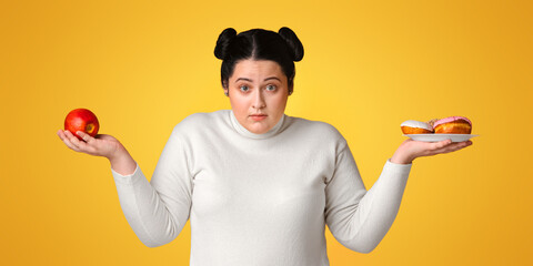Confused Plus Size Girl Holding Apple And Donuts, Choosing Between Healthy And Unhealthy Junk Food,...