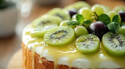   A cake topped with kiwis, grapes, mints, and grapes on a wooden cutting board is optimized as Kiwi, grape, mint, and gr