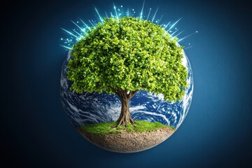 A vibrant tree emerging from a globe, symbolizing environmental protection and sustainability with a glowing effect.
