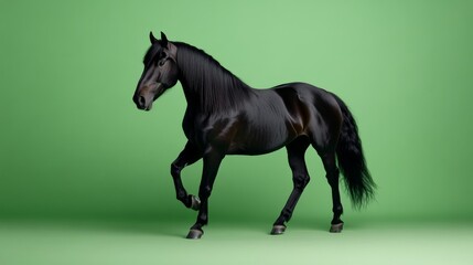 Fototapeta premium A powerful black horse is captured mid-gallop, showcasing its strength and grace with a flowing mane. The striking mint-green background enhances its dynamic motion