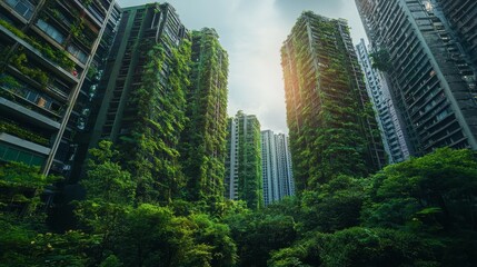 Abandoned futuristic city overgrown building composition background 