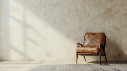 Minimalist interior with a leather armchair against a cream-colored wall. 3D rendering.