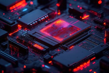 Fototapeta premium Close-up view of a red-lit circuit board showcasing intricate electronic components.