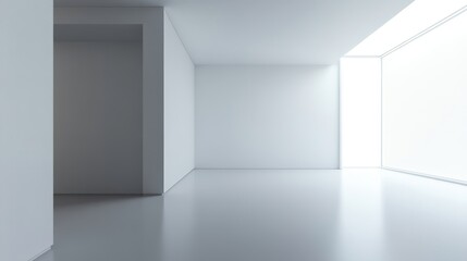 Obraz premium Minimalistic 3D room with white walls, floor and corner space. Blank hall design in empty apartment. Abstract backdrop for exhibition, presentation or gallery.