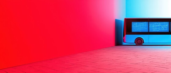 Futuristic bus design next to vibrant colored walls, highlighting innovation in public transportation.