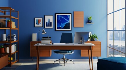 Modern home office workspace with blue and white accents, featuring a comfortable desk chair and a spacious desk. The pale background creates a serene and minimalist atmosphere.