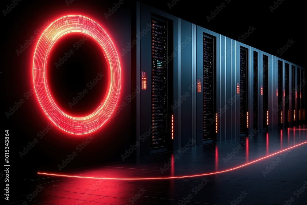 Aufkleber futuristic data center with glowing red lights accentuating rows of servers against a dark backdrop.