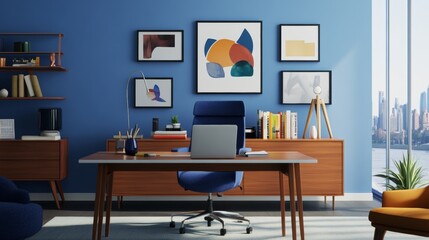Modern home office workspace with blue and white accents, featuring a comfortable desk chair and a spacious desk. The pale background creates a serene and minimalist atmosphere.