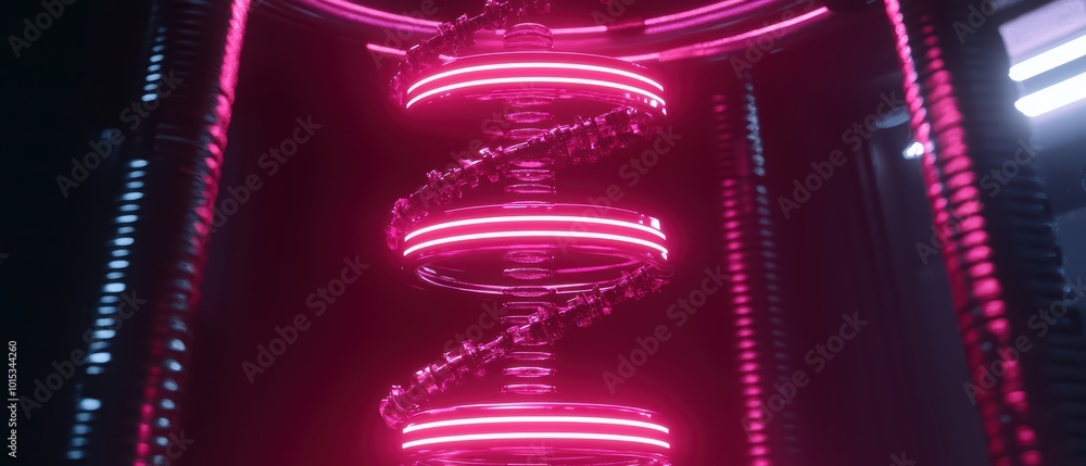 Poster futuristic neon spiral design with vibrant pink lights, creating a dynamic visual effect.