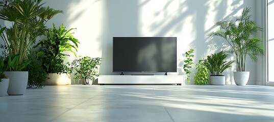 A flat-screen television on a plain wall, with space for product information below
