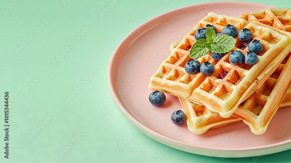 Poster  A pink plate with blueberry-covered waffles and a minty leaf