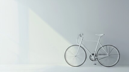   A sleek white bicycle resting against a white wall in a room with natural sunlight streaming through the open window