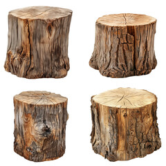 Collection of wooden tree log trunk stump wood isolated on transparent or white background