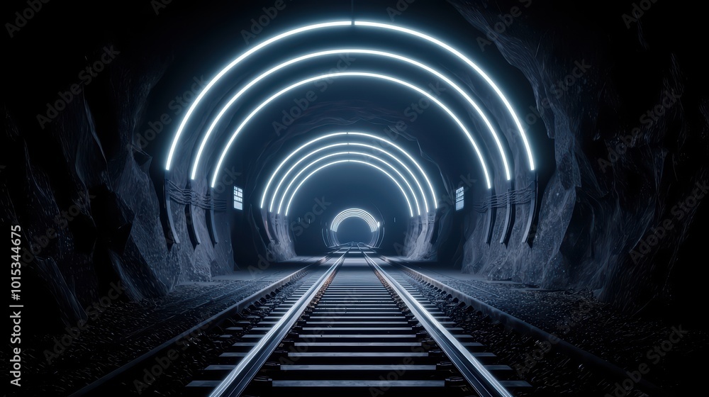 Poster illuminated tunnel with railway tracks, creating a futuristic atmosphere.
