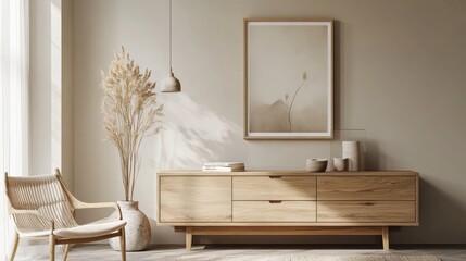 Modern living room interior with wooden drawer, minimalist art, and beige walls. Scandinavian design. 3D rendering.