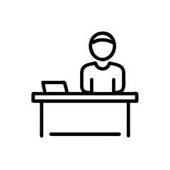 Office worker icon sitting at a desk with a laptop, minimalistic design, black and white, copy space
