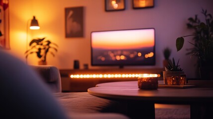 This living room showcases a plush sectional sofa and a coffee table, illuminated by soft LED lights. Minimalist art decorates the walls, enhancing the cozy atmosphere
