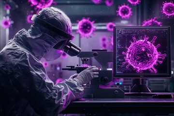 Scientist examines virus under a microscope in a lab filled with digital graphics of microorganisms.