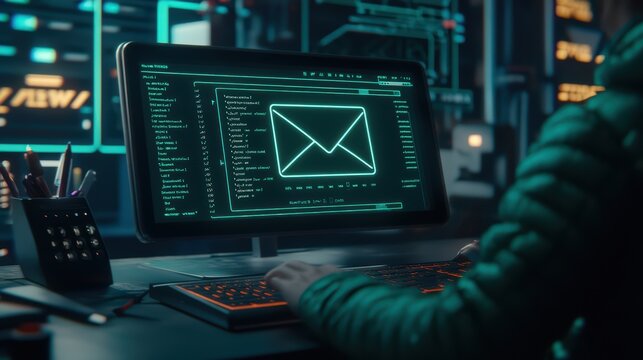 Person using a computer with code and interface on the screen, focused on digital communication.